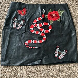 Black Leather Skirt with Red Snake and Butterfly Embroidery